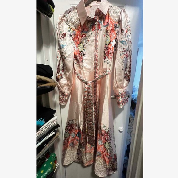 Luxe Satin Floral Print Button Down Belted Long Sleeve Dress - Picture 4 of 9